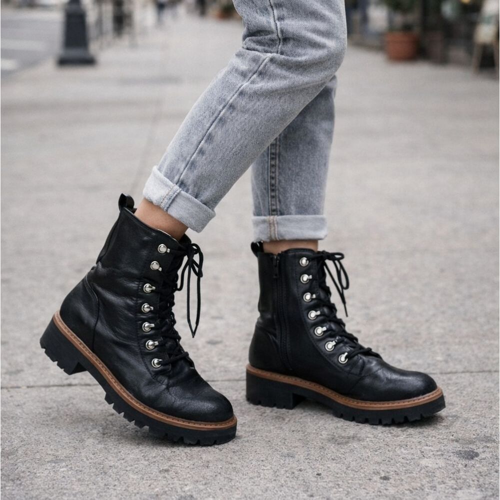 Nine West Ivona Women's Combat Boots Black Grunge Faux Leather Lace Up Size 8